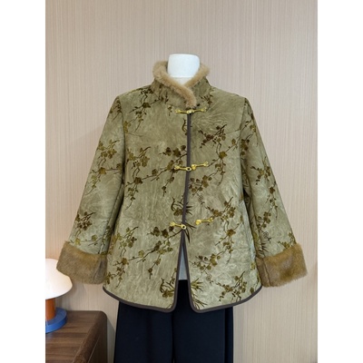 新中式梅花刺绣外套女立领盘扣毛领中老年妈妈装气质百搭