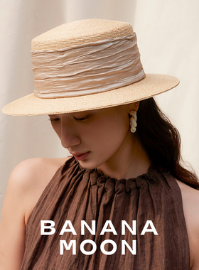 Bananamoon热销万件 法式boater平沿草帽JIN口琉璃金织带遮阳帽