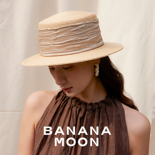 Bananamoon热销万件 法式boater平沿草帽JIN口琉璃金织带遮阳帽