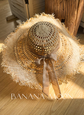 Bananamoon限定制作 手工拉菲草超大沿大檐海边度假出游遮阳帽