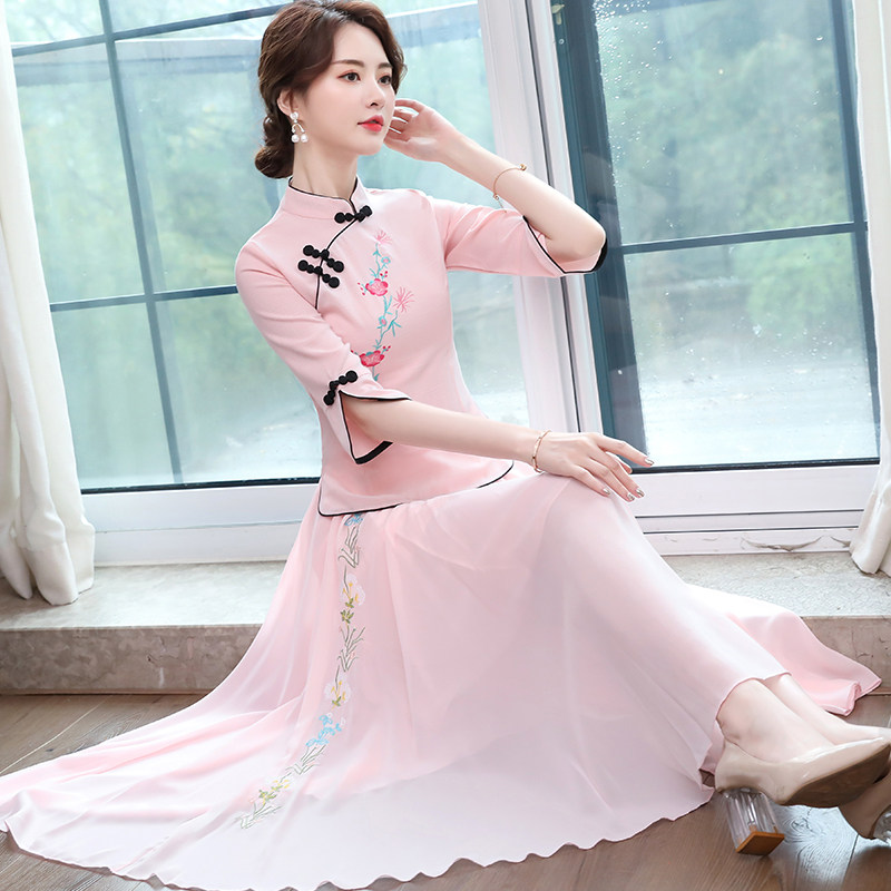 2020春夏新款中国风少女士唐装复古改良旗袍两件套连衣裙女装汉服