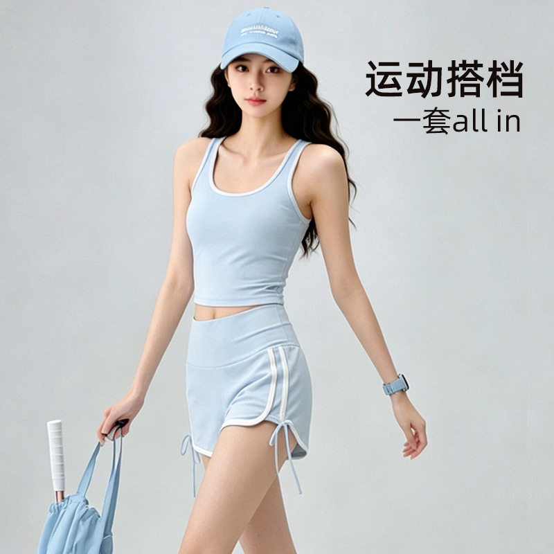 撞色包边瑜伽服两件套女高腰提臀短裤带胸垫背心普拉提运动服 - 实物图