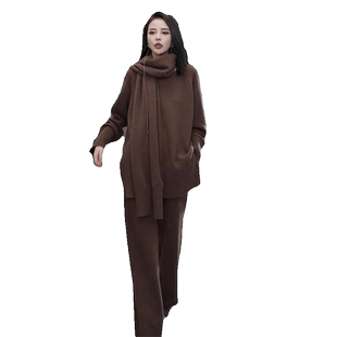 秋装搭配一整套美拉德穿搭轻熟御姐咖色针织毛衣裤子两件套女洋气