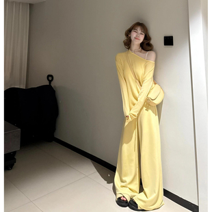 休闲运动慵懒风气质黄色针织上衣阔腿裤 女2025新款 两件套 套装 秋季