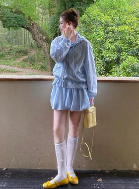 韩系休闲运动服套装女夏季轻薄宽松户外防晒蓝色外套花苞裙两件套