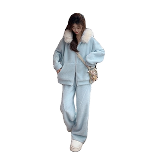 加厚休闲运动套装女秋冬新款气质减龄高级感毛领外套阔腿裤两件套