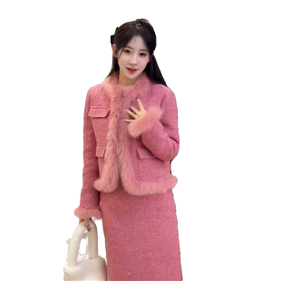 冬季新款高级感小洋装名媛气质小香风玫红色外套半身裙两件套装女