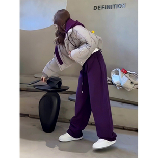 2026超火冬装一整套韩系高级感紫色棉服外套休闲运动两件套装裤子