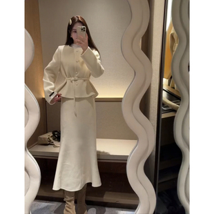 清冷富家千金穿搭高级感小洋装 女秋冬 白色毛呢外套半裙小香风套装