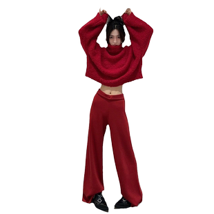 小香风针织阔腿裤套装女秋冬圣诞节新年红炸街洋气毛衣裤子两件套