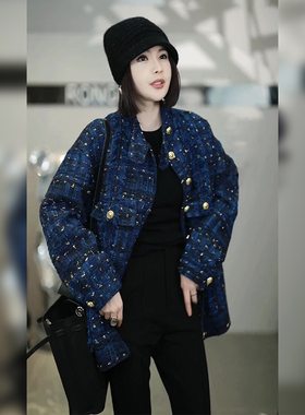 欧货藏青色小香风夹棉外套女2023冬装新款高级感气质名媛炸街上衣