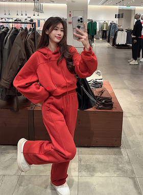 冬季新款新年小香风高级减龄洋气时尚显瘦连帽红色加绒卫衣套装女