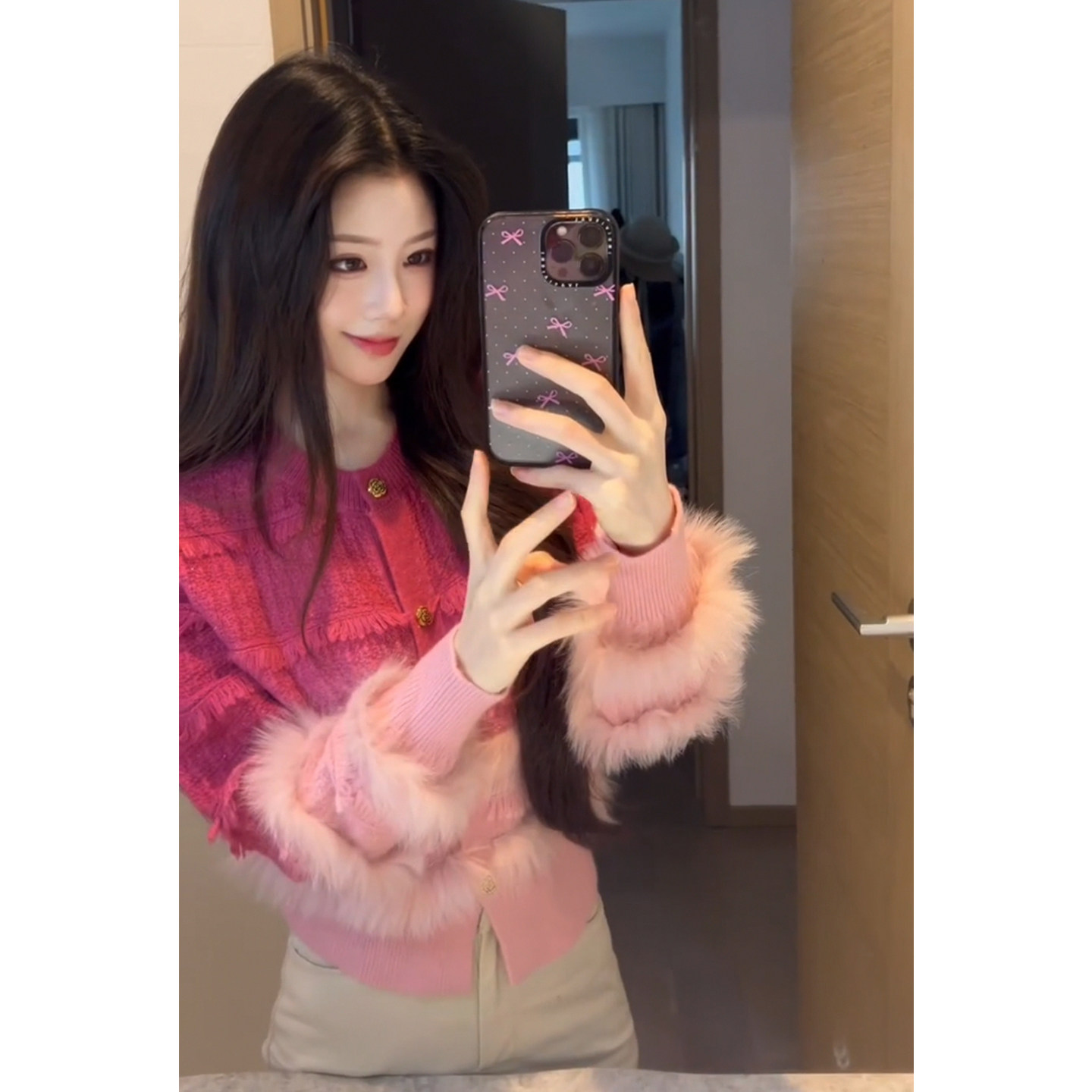 绝美巨好看粉色毛衣渐变色针织开衫韩系高级氛围感小香风毛毛外套