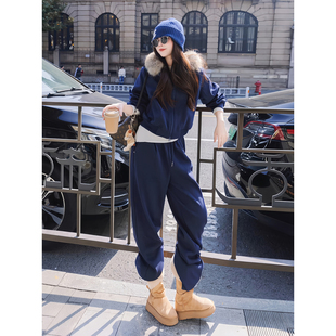 韩系绝美小套装加绒毛领卫衣运动服高级感蓝色2026超火冬装一整套