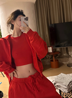 辣妹炸街加绒运动套装女春秋冬季新年衣服红色卫衣卫裤两件套洋气