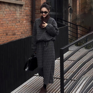 慵懒风复古运动服套装 两件套 女秋冬夹棉加厚高级感菱格卫衣阔腿裤