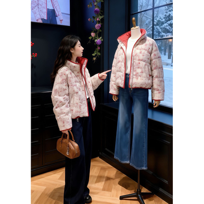 安可拉红撞色短款羽绒服外套女冬