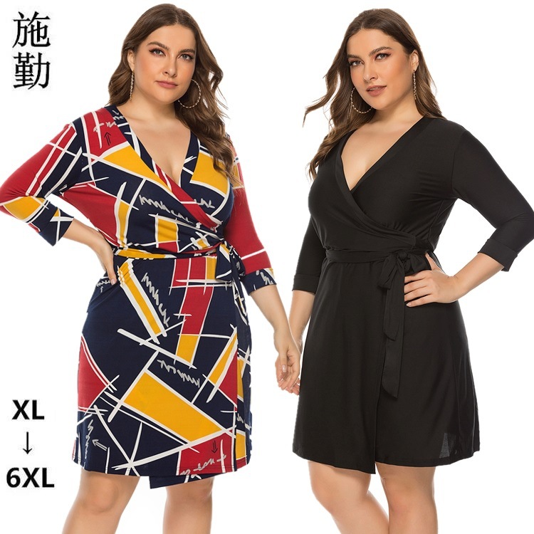 秋季欧美加大码女装加肥胖人服饰胖mm妹妹短款深V显瘦裹身连衣裙