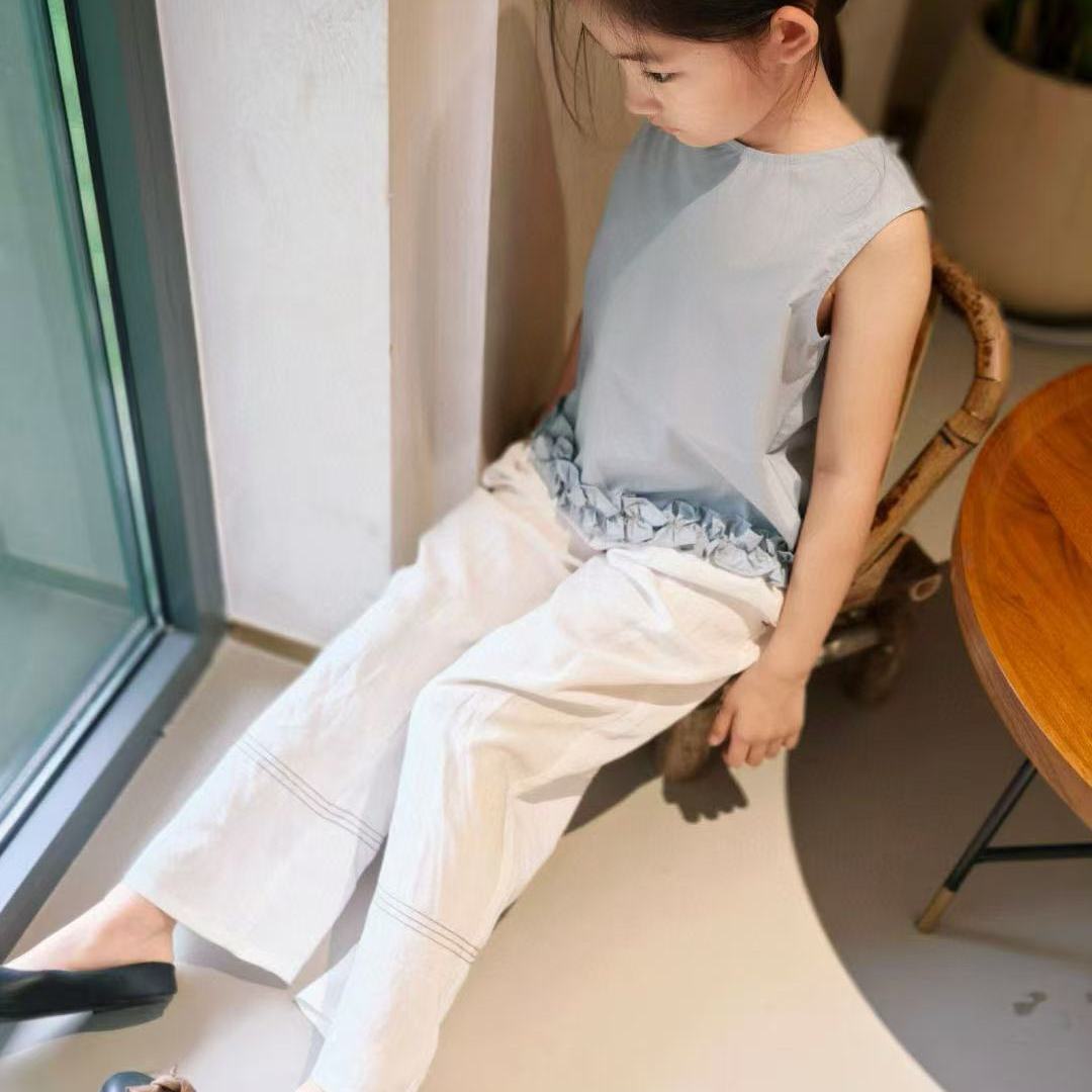 新款 女童天丝棉上衣 天丝亚麻裤子 套装