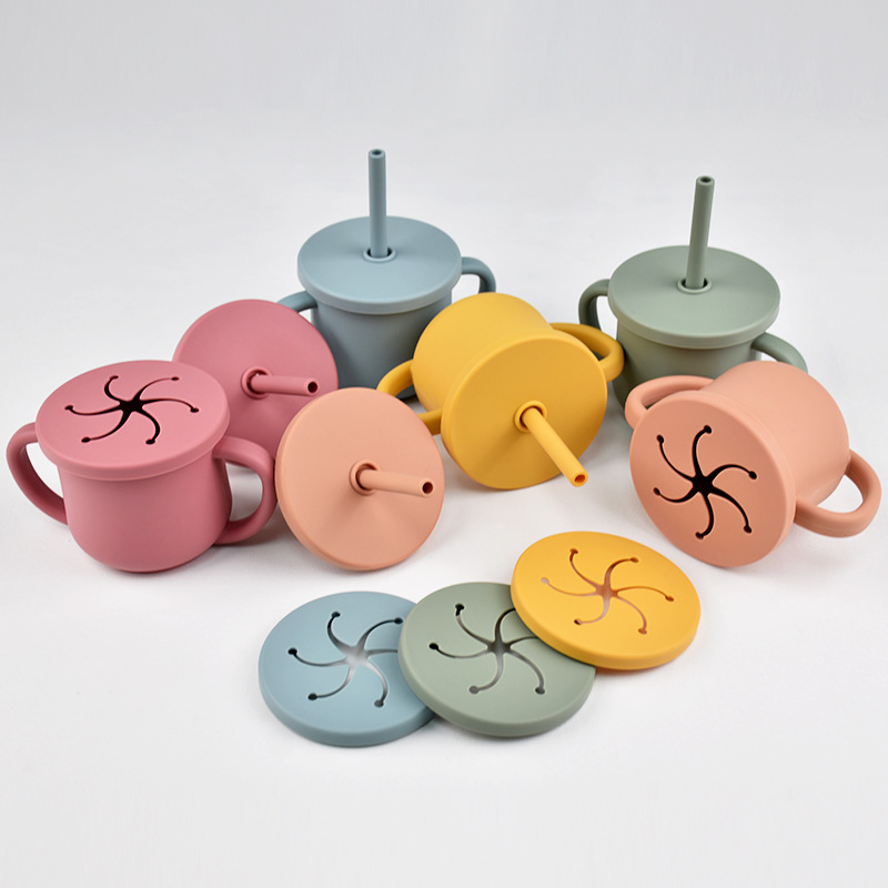 新款婴儿硅胶双耳吸管杯防摔宝宝