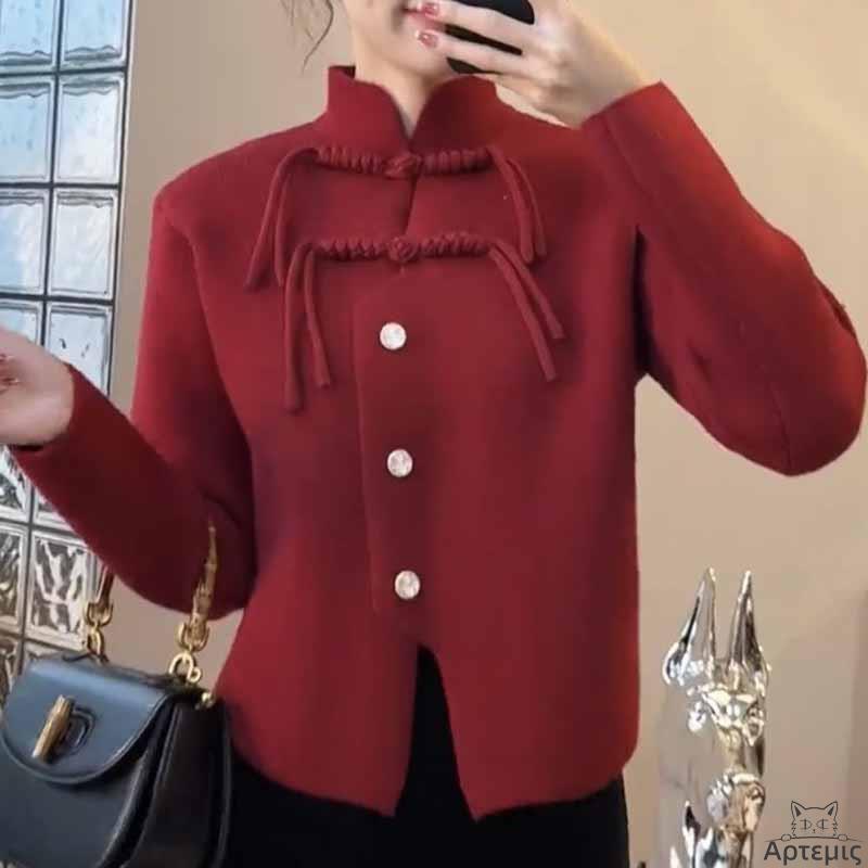 国风立领盘扣毛衣女开衫上衣外套Ladies casual sweater jacket