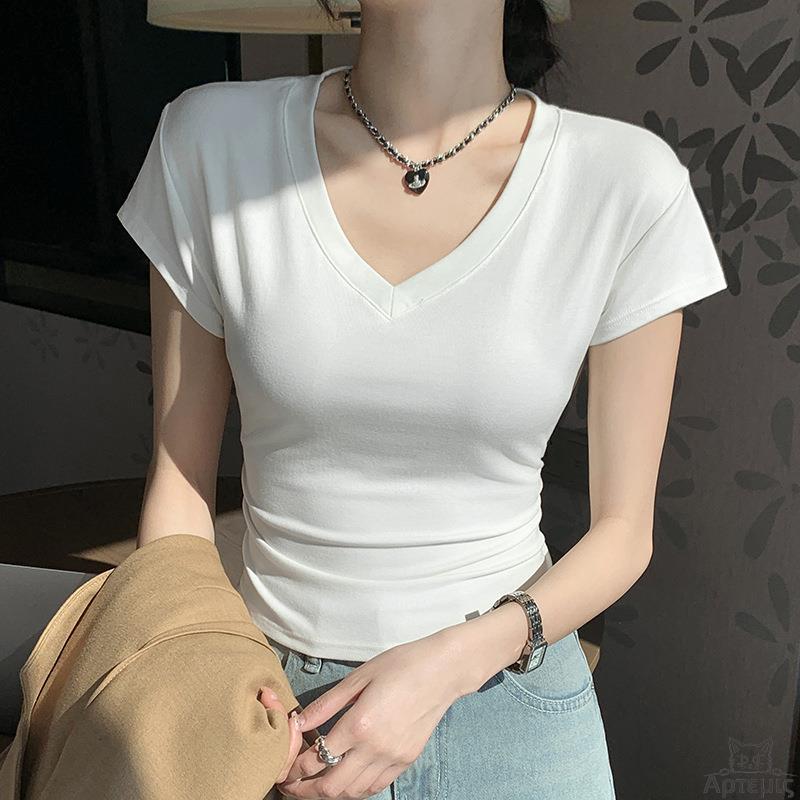夏装修身正肩V领短袖T恤女收腰显瘦上衣Women V-neck T-shirt Top