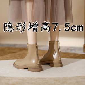 真皮显脚小马丁靴女秋冬季加绒小个子内增高瘦瘦靴厚底棕色短靴子