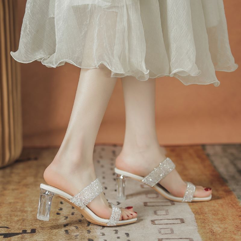 透明凉拖鞋女夏外穿时尚粗跟2025新款高级感仙女风水晶高跟凉鞋女