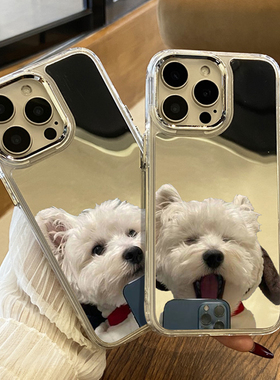 西高地小狗手机壳适用iphone15苹果16promax镜面14化妆13镜子12mini补妆11新款17情侣xs可爱xr狗狗7女8plus套