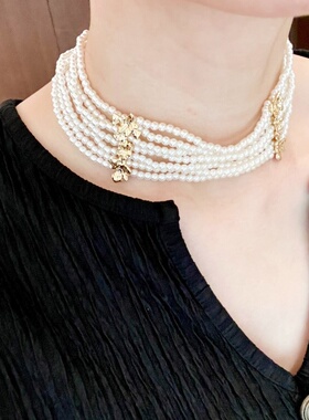 金色花瓣多层珍珠叠戴项链女