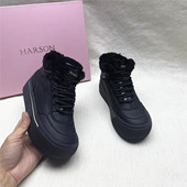 Harson 织物加绒短靴 厚底休闲马丁靴女秋冬新款 哈森正品 撤柜时尚