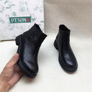 靴女春秋新款 舒适软底时装 百田森撤柜正品 真皮后拉链短靴 SON