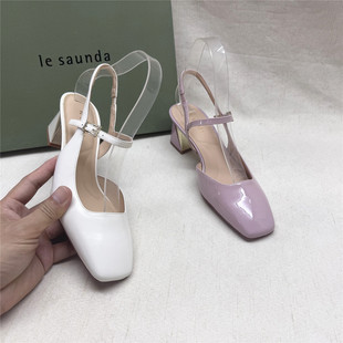 le saunda/莱尔斯丹5M撤柜优雅方头粗跟时装女鞋新款牛皮包头凉鞋