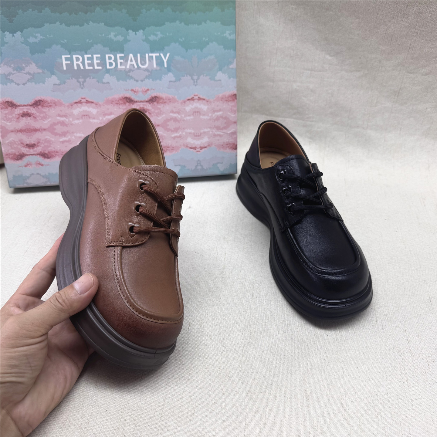 FREEBEAUTY自由姿色正品撤柜厚底舒适时装女鞋秋新款牛皮打款单鞋