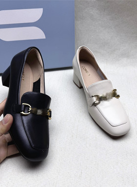 comely/康莉正品撤柜百搭粗跟方头舒适乐福鞋女春夏新款羊皮单鞋