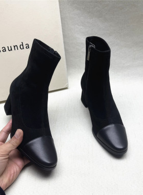 le saunda/莱尔斯丹正品撤柜时尚优雅粗跟时装靴女秋冬款羊皮短靴