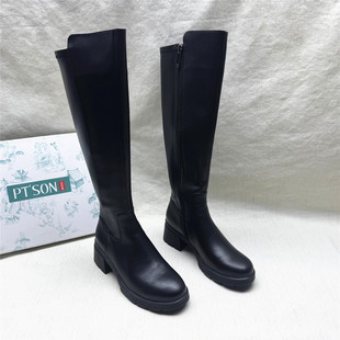 撤柜粗跟圆头高筒骑士靴秋冬新款 百田森正品 真皮弹力长靴 SON