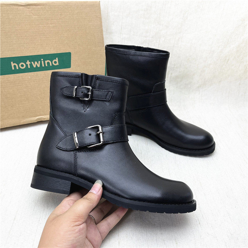 商场正品撤柜时尚真皮女鞋圆头粗跟皮带扣秋冬百搭平底舒适女短靴,女鞋,时装靴,淘宝优惠券,粉丝福利购,淘宝优惠卷