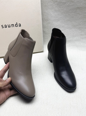 le saunda/莱尔斯丹正品撤柜粗跟圆头时装靴女秋冬新款羊皮短筒靴