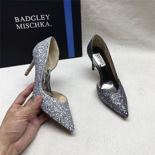 Badgley Mischka百吉利米西卡尖头亮片气质侧空细高跟婚宴女单鞋