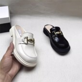 女新款 鞋 真皮舒适包头拖 金属饰圆头方跟时装 美国轻奢品牌撤柜时尚