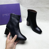 靴女秋冬新款 粗跟圆头时装 真皮侧拉链气质短筒靴 法式 商场撤柜正品