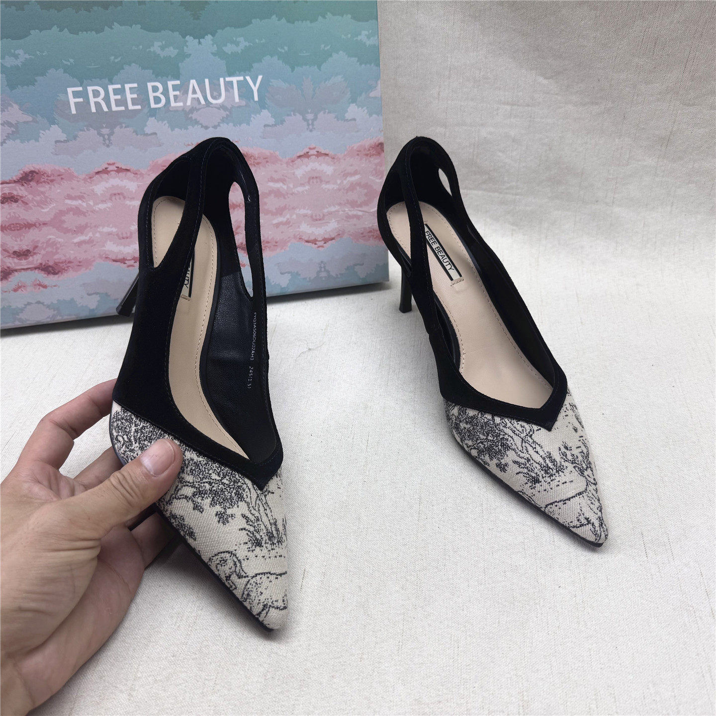 39码FREEBEAUTY自由姿色正品撤柜尖头高跟时装女鞋春新款织物单鞋