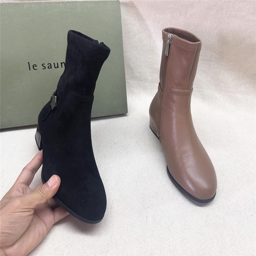 le saunda/莱尔斯丹正品撤柜方跟圆头舒适时装靴女新款羊皮短筒靴
