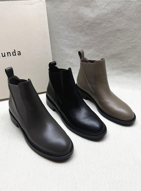 le saunda/莱尔斯丹正品撤柜方跟圆头时装靴女秋冬新款牛皮短筒靴