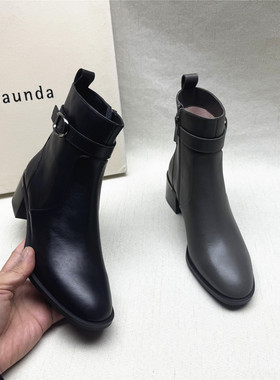 le saunda/莱尔斯丹正品撤柜粗跟皮带扣时装靴女秋冬新款牛皮短靴