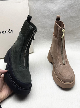 le saunda/莱尔斯丹正品撤柜粗跟圆头时装靴女秋冬新款真皮短筒靴