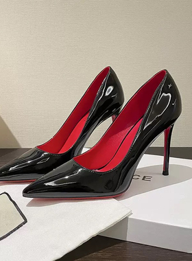 红底高跟鞋女黑色漆皮御姐性感细跟尖头网红小众气质名媛大码小码