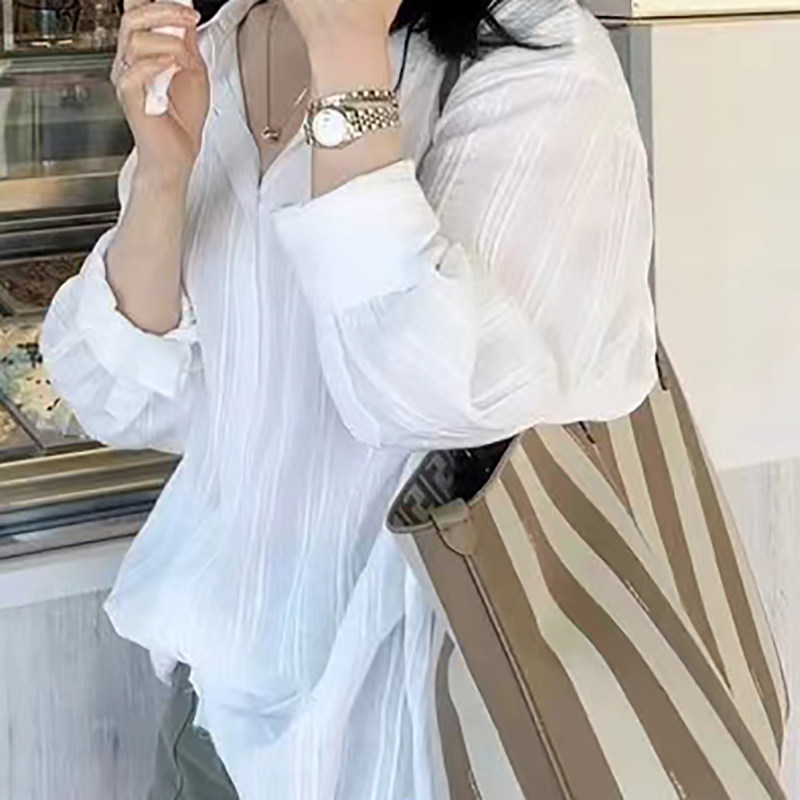 现货防晒衣衬衫外套女夏季白色条纹薄款雪纺长袖衬衫衣外搭上衣