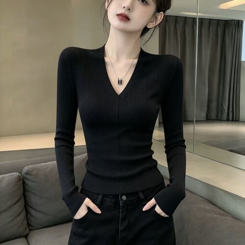 纯欲V领长袖打底衫女修身显瘦短款正肩百搭心机内搭上衣紧身时尚